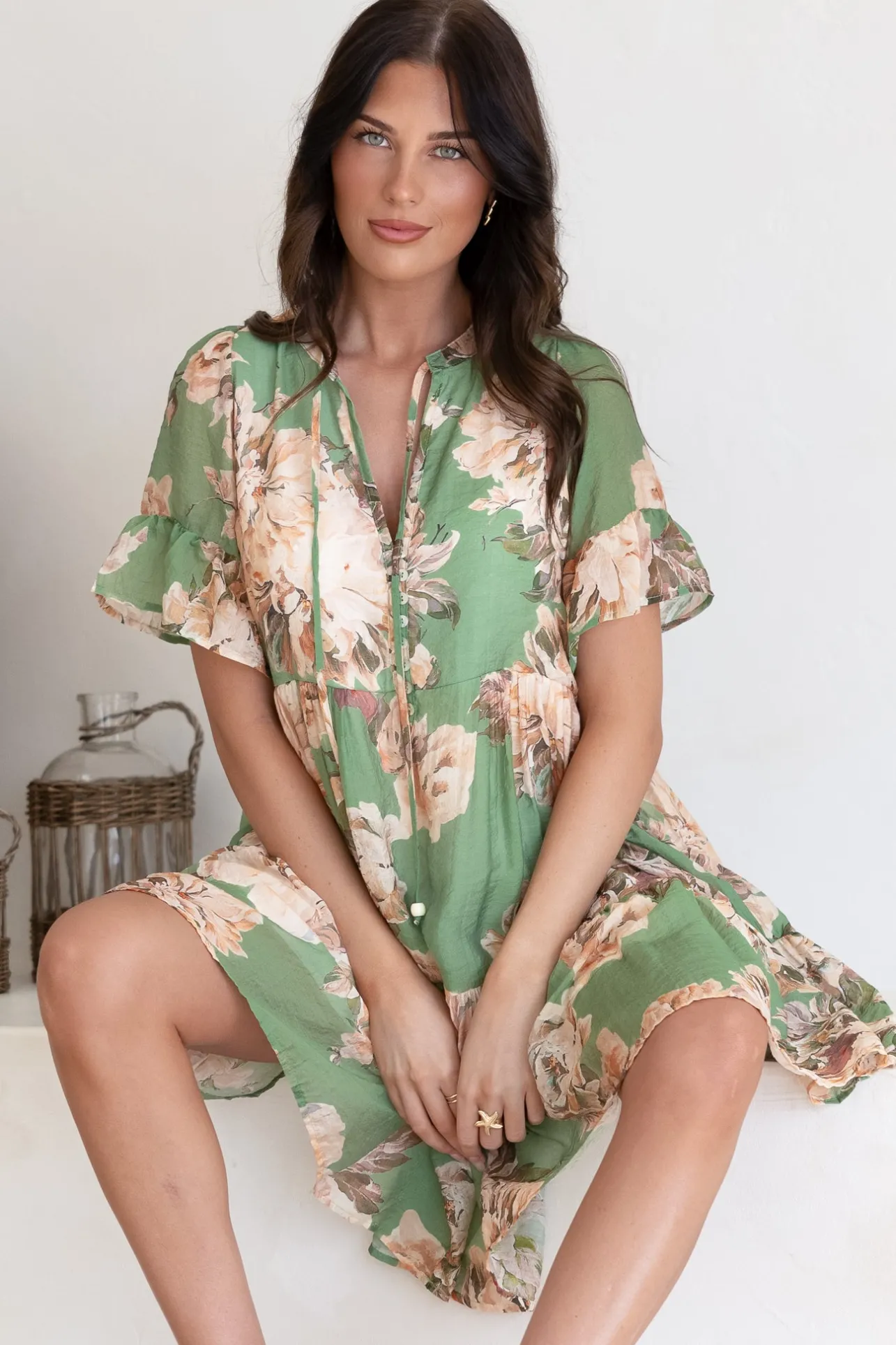 Abilia Mini Dress - Mandarin Collar Smock Dress in Kirah Print Green>Salty Crush Clearance