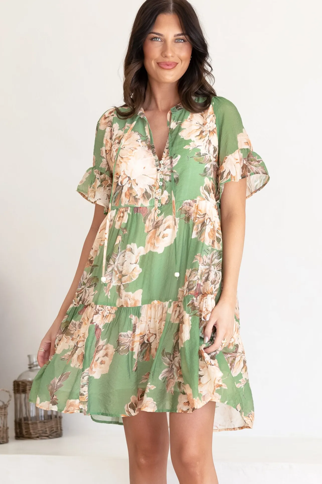 Abilia Mini Dress - Mandarin Collar Smock Dress in Kirah Print Green>Salty Crush Clearance