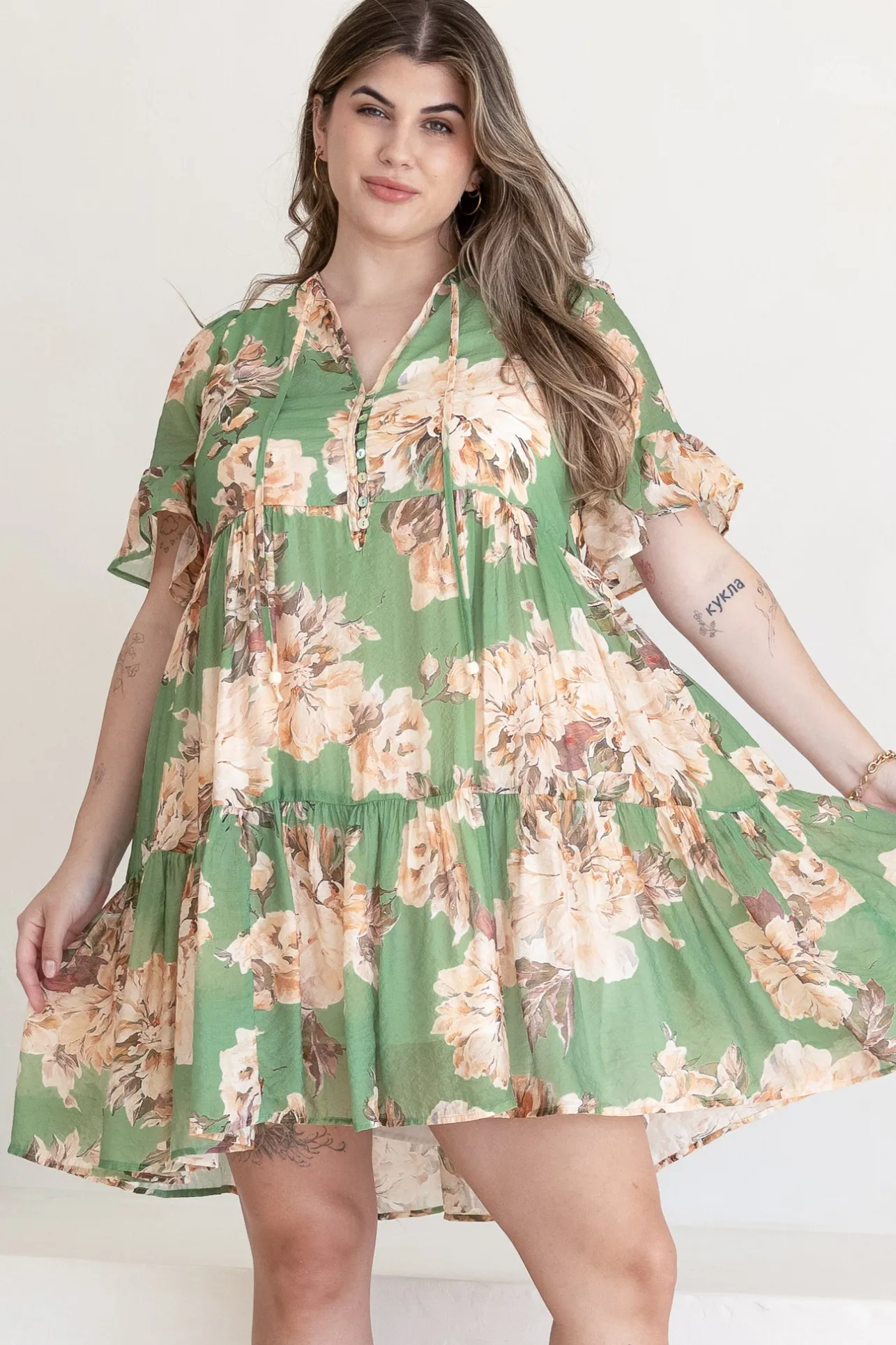 Abilia Mini Dress - Mandarin Collar Smock Dress in Kirah Print Green>Salty Crush Clearance