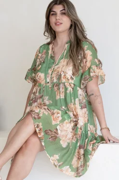Abilia Mini Dress - Mandarin Collar Smock Dress in Kirah Print Green><noscript><img width=