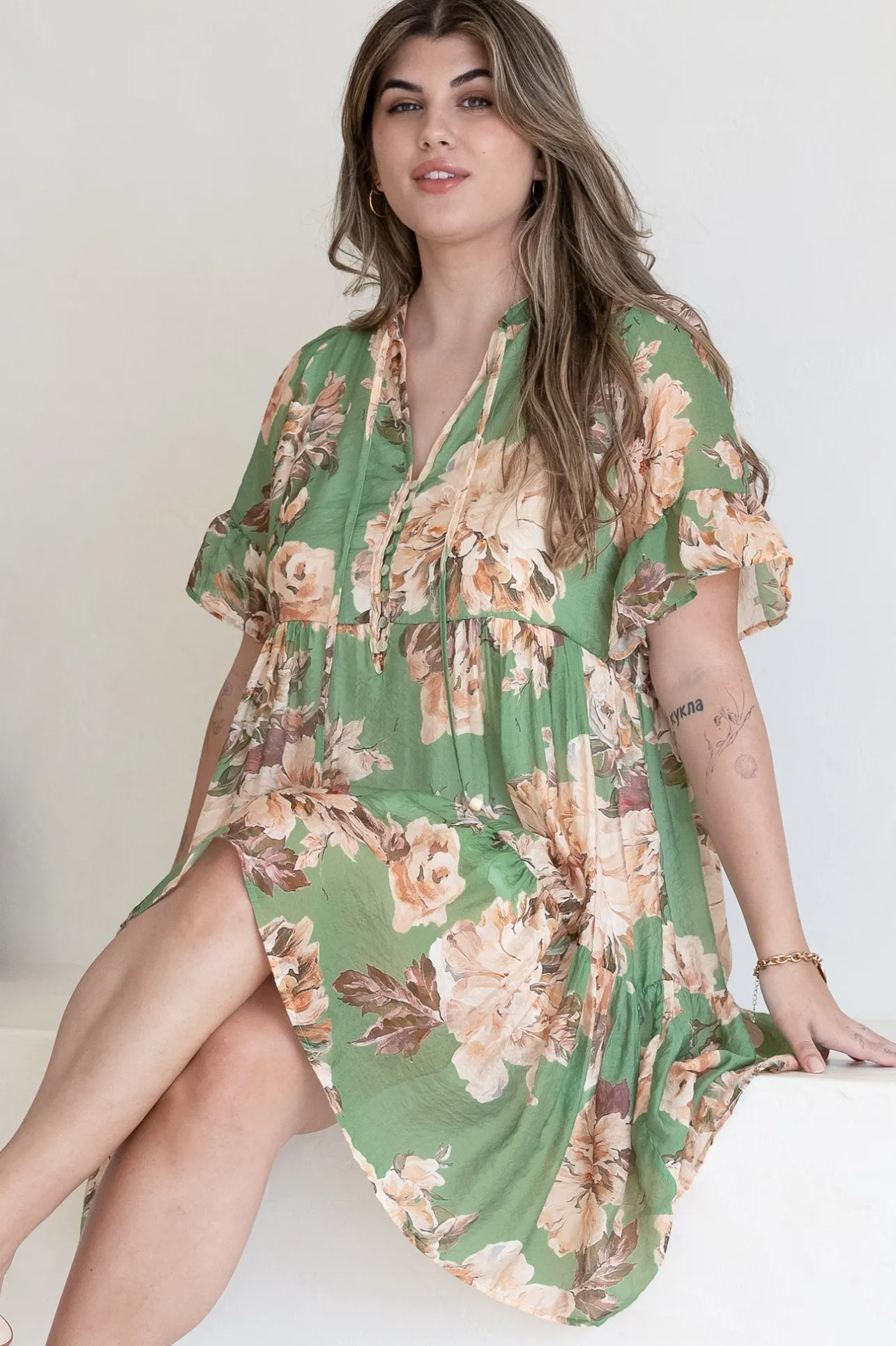 Abilia Mini Dress - Mandarin Collar Smock Dress in Kirah Print Green>Salty Crush Clearance