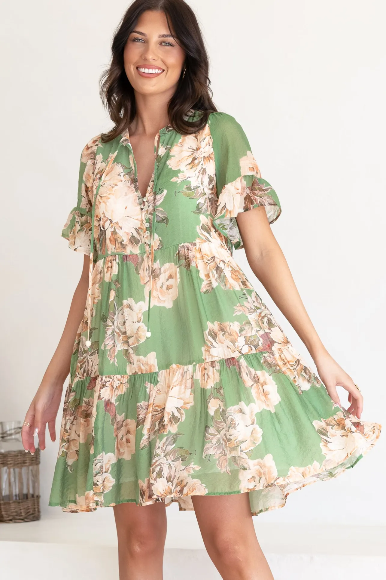 Abilia Mini Dress - Mandarin Collar Smock Dress in Kirah Print Green>Salty Crush Clearance