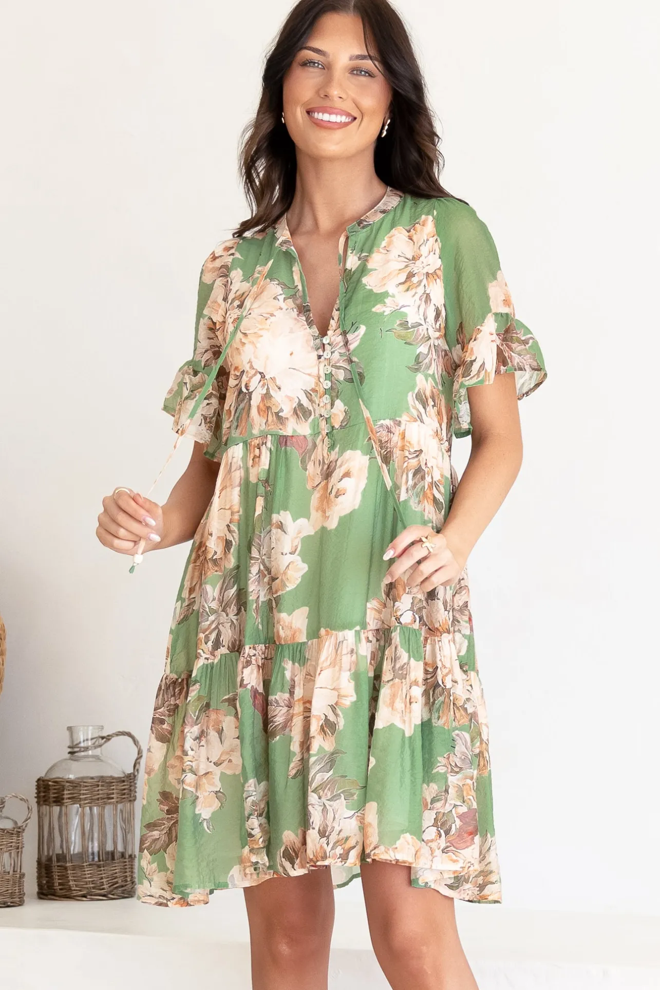 Abilia Mini Dress - Mandarin Collar Smock Dress in Kirah Print Green>Salty Crush Clearance