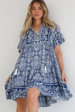 Abilia Mini Dress - Mandarin Collar Smock Dress in Harley Print Blue>Salty Crush Discount