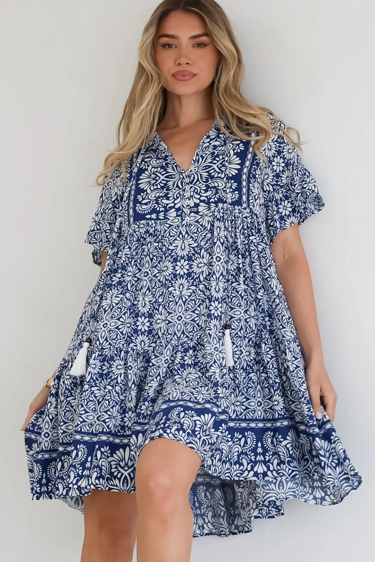 Abilia Mini Dress - Mandarin Collar Smock Dress in Harley Print Blue>Salty Crush Discount