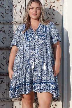 Abilia Mini Dress - Mandarin Collar Smock Dress in Harley Print Blue>Salty Crush Discount