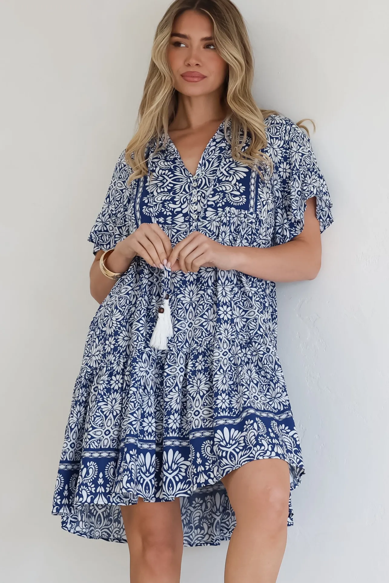 Abilia Mini Dress - Mandarin Collar Smock Dress in Harley Print Blue>Salty Crush Discount