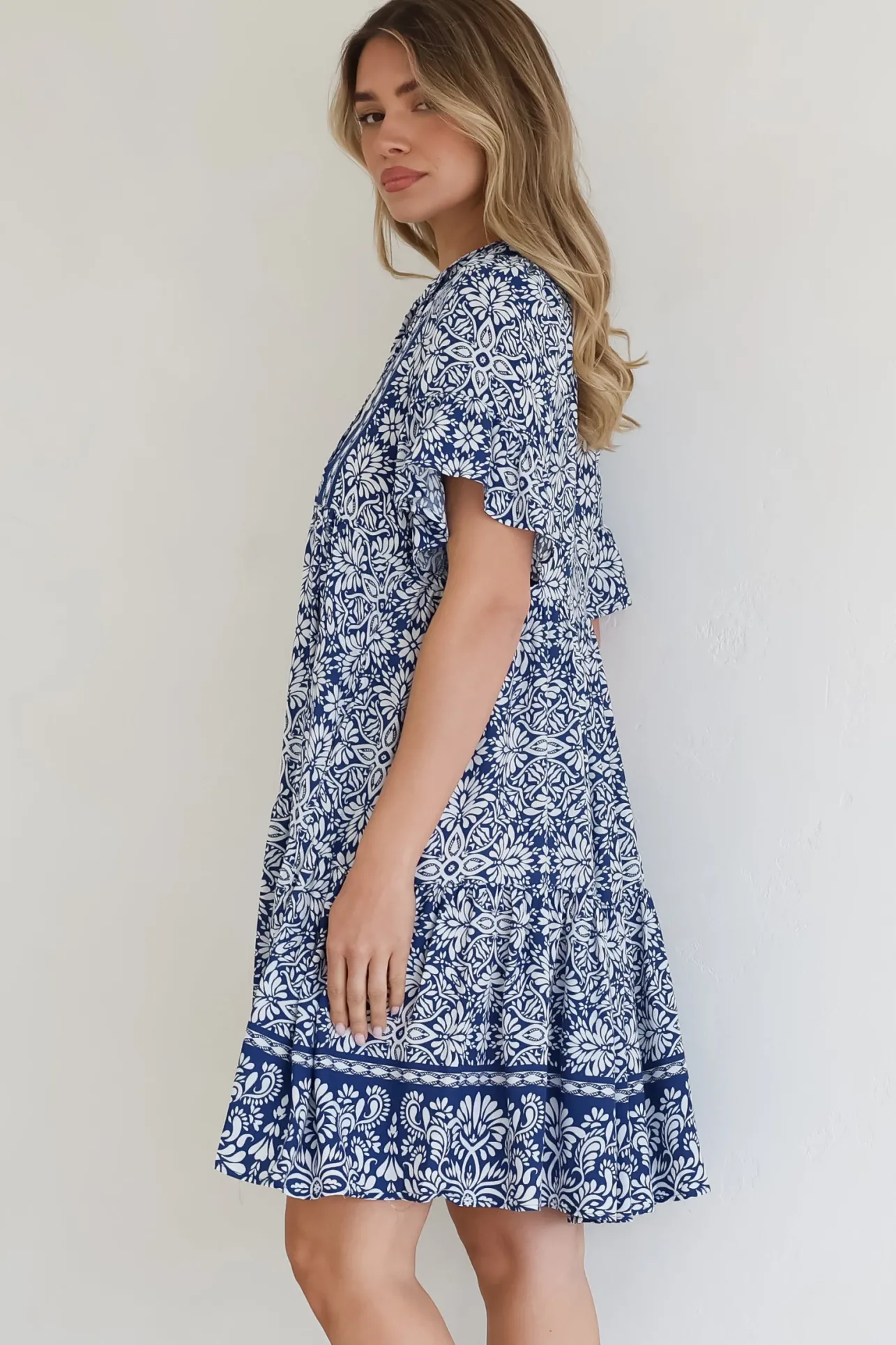 Abilia Mini Dress - Mandarin Collar Smock Dress in Harley Print Blue>Salty Crush Discount
