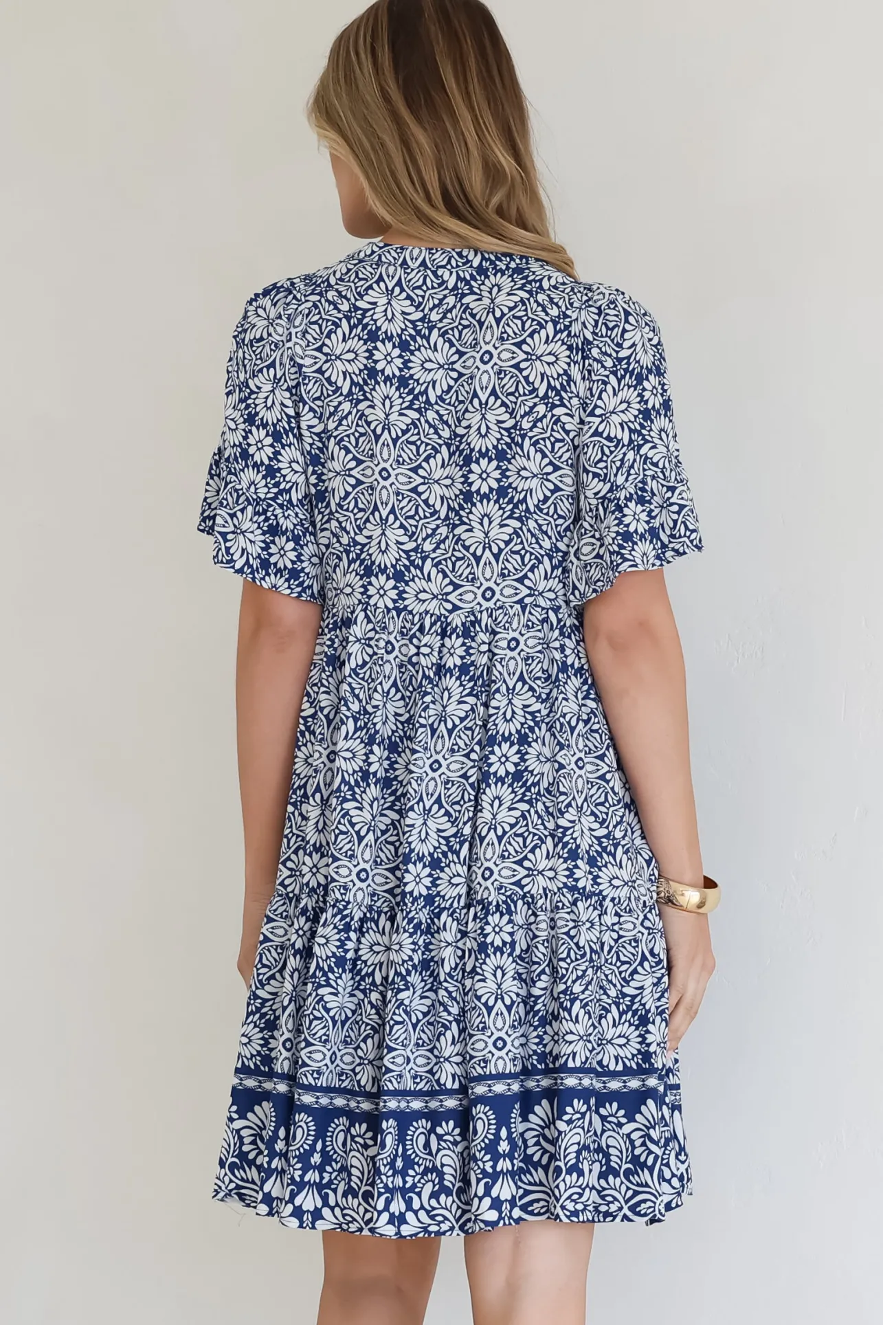 Abilia Mini Dress - Mandarin Collar Smock Dress in Harley Print Blue>Salty Crush Discount