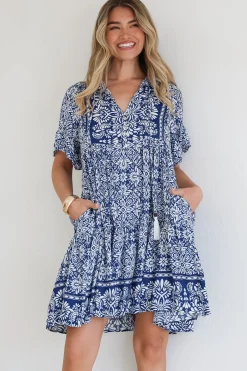 Abilia Mini Dress - Mandarin Collar Smock Dress in Harley Print Blue><noscript><img width=