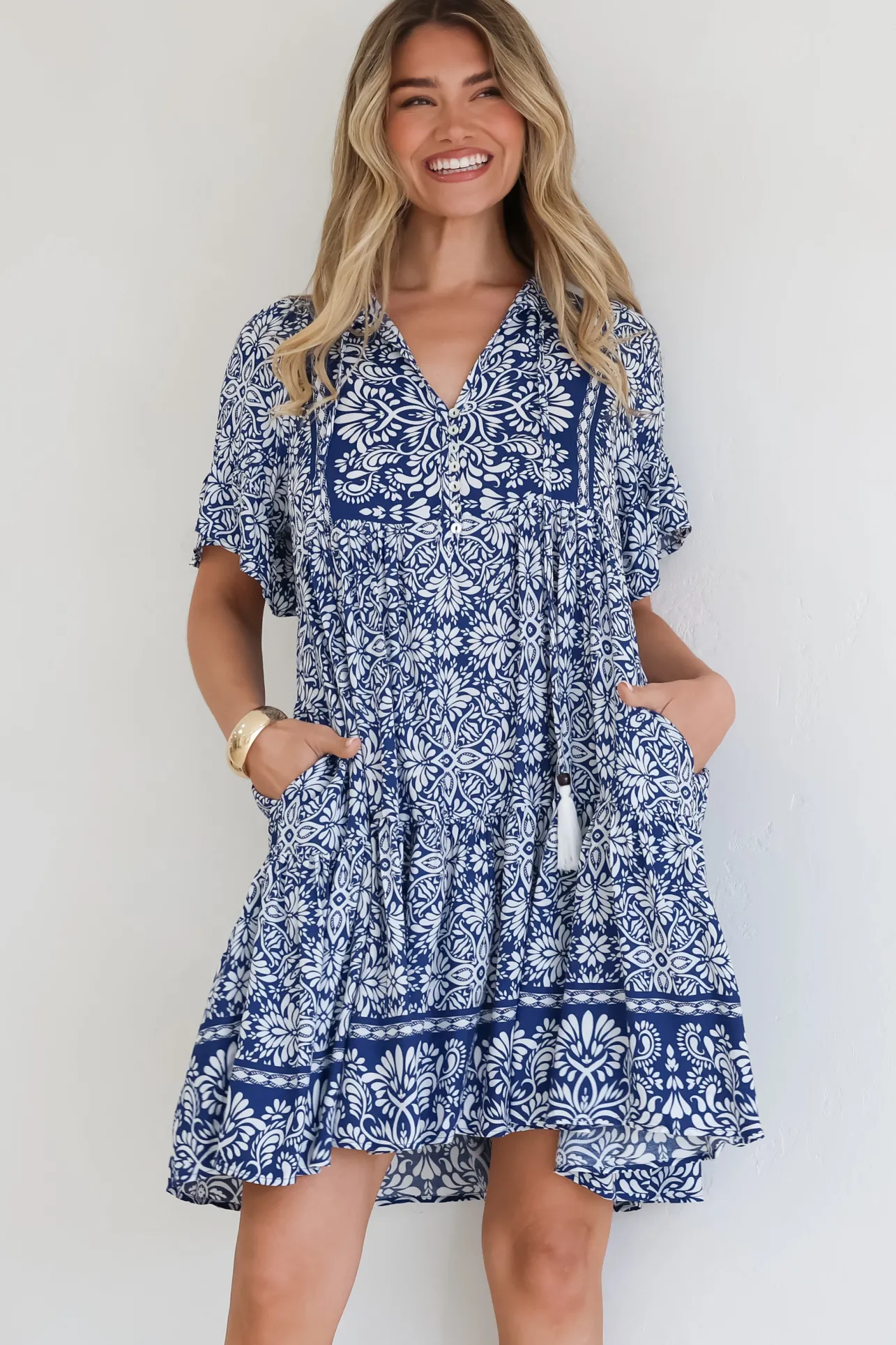Abilia Mini Dress - Mandarin Collar Smock Dress in Harley Print Blue>Salty Crush Discount