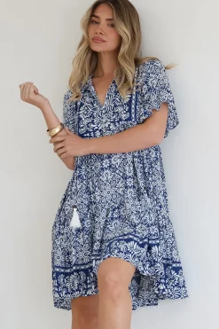 Abilia Mini Dress - Mandarin Collar Smock Dress in Harley Print Blue><noscript><img width=