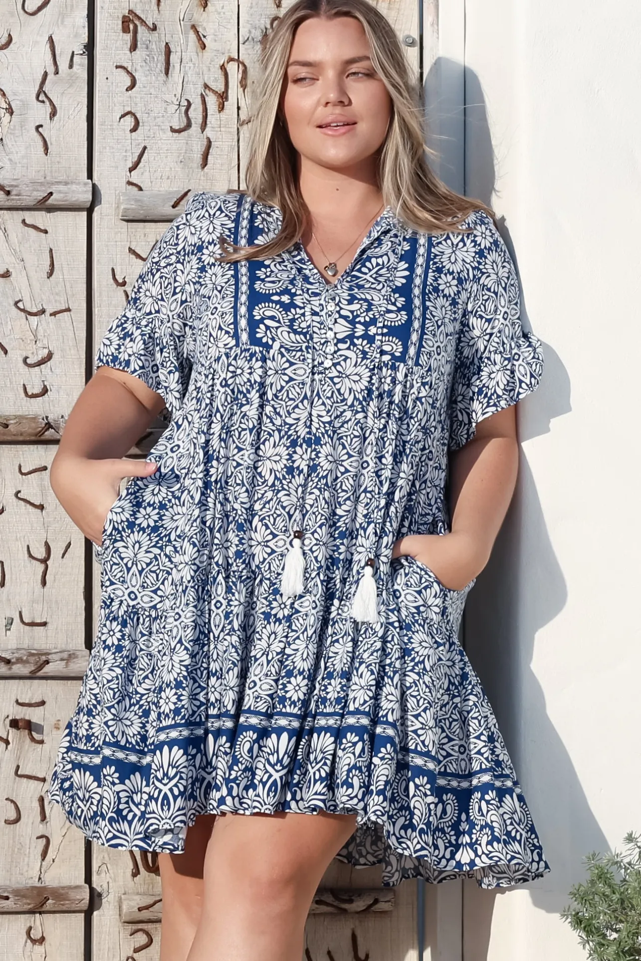 Abilia Mini Dress - Mandarin Collar Smock Dress in Harley Print Blue>Salty Crush Discount