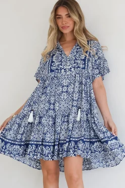 Abilia Mini Dress - Mandarin Collar Smock Dress in Harley Print Blue><noscript><img width=