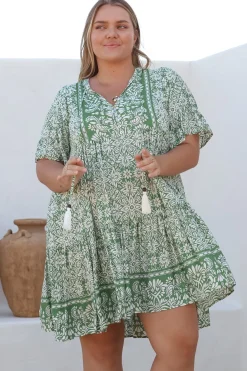 Abilia Mini Dress - Mandarin Collar Smock Dress in Harley Print Green>Salty Crush Best