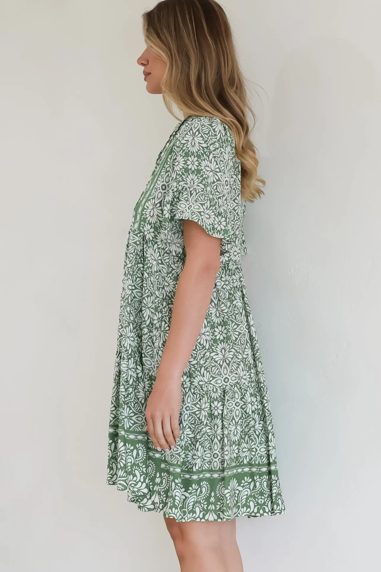 Abilia Mini Dress - Mandarin Collar Smock Dress in Harley Print Green>Salty Crush Best