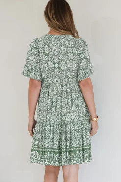 Abilia Mini Dress - Mandarin Collar Smock Dress in Harley Print Green><noscript><img width=