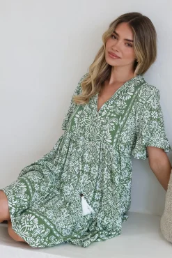 Abilia Mini Dress - Mandarin Collar Smock Dress in Harley Print Green><noscript><img width=