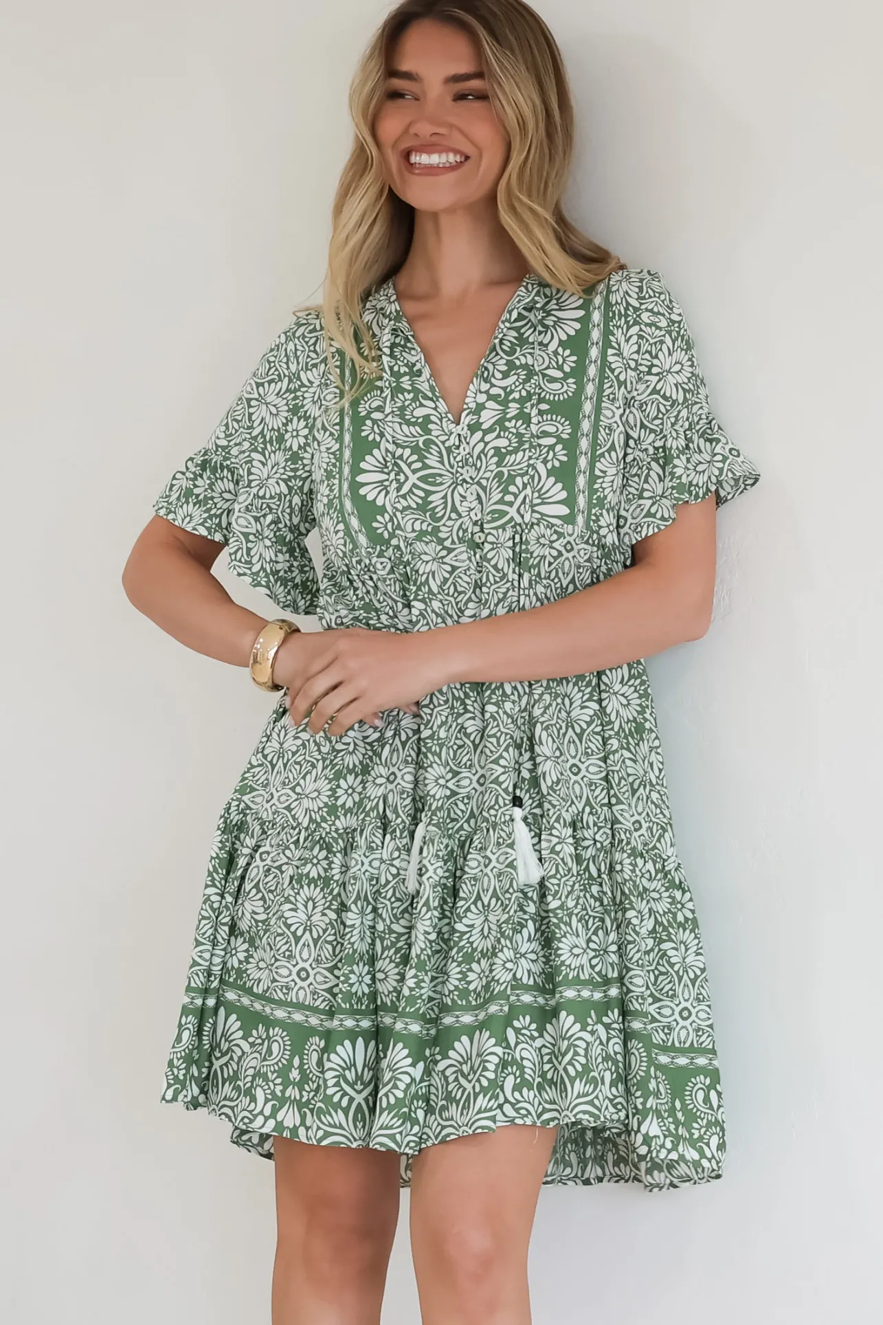 Abilia Mini Dress - Mandarin Collar Smock Dress in Harley Print Green>Salty Crush Best