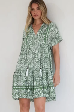 Abilia Mini Dress - Mandarin Collar Smock Dress in Harley Print Green><noscript><img width=