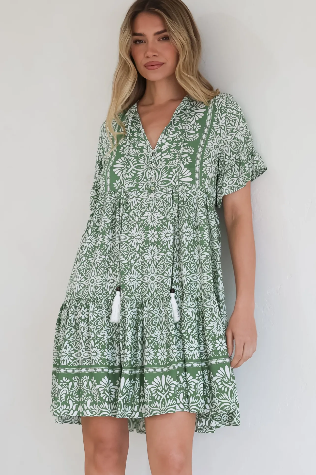 Abilia Mini Dress - Mandarin Collar Smock Dress in Harley Print Green>Salty Crush Best