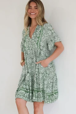 Abilia Mini Dress - Mandarin Collar Smock Dress in Harley Print Green><noscript><img width=