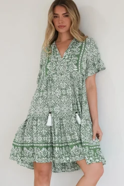 Abilia Mini Dress - Mandarin Collar Smock Dress in Harley Print Green><noscript><img width=