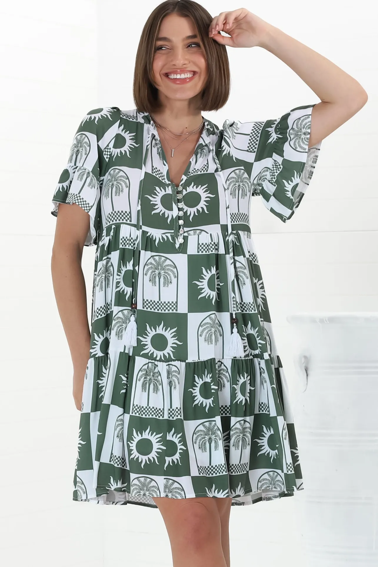 Abilia Mini Dress - Mandarin Collar Buttoned Bodice Smock Dress in Layah Print Green>Salty Crush Online