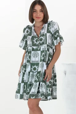 Abilia Mini Dress - Mandarin Collar Buttoned Bodice Smock Dress in Layah Print Green>Salty Crush Online