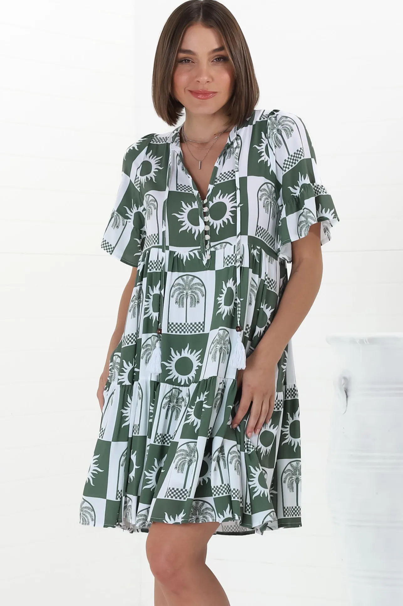 Abilia Mini Dress - Mandarin Collar Buttoned Bodice Smock Dress in Layah Print Green>Salty Crush Online