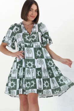 Abilia Mini Dress - Mandarin Collar Buttoned Bodice Smock Dress in Layah Print Green><noscript><img width=