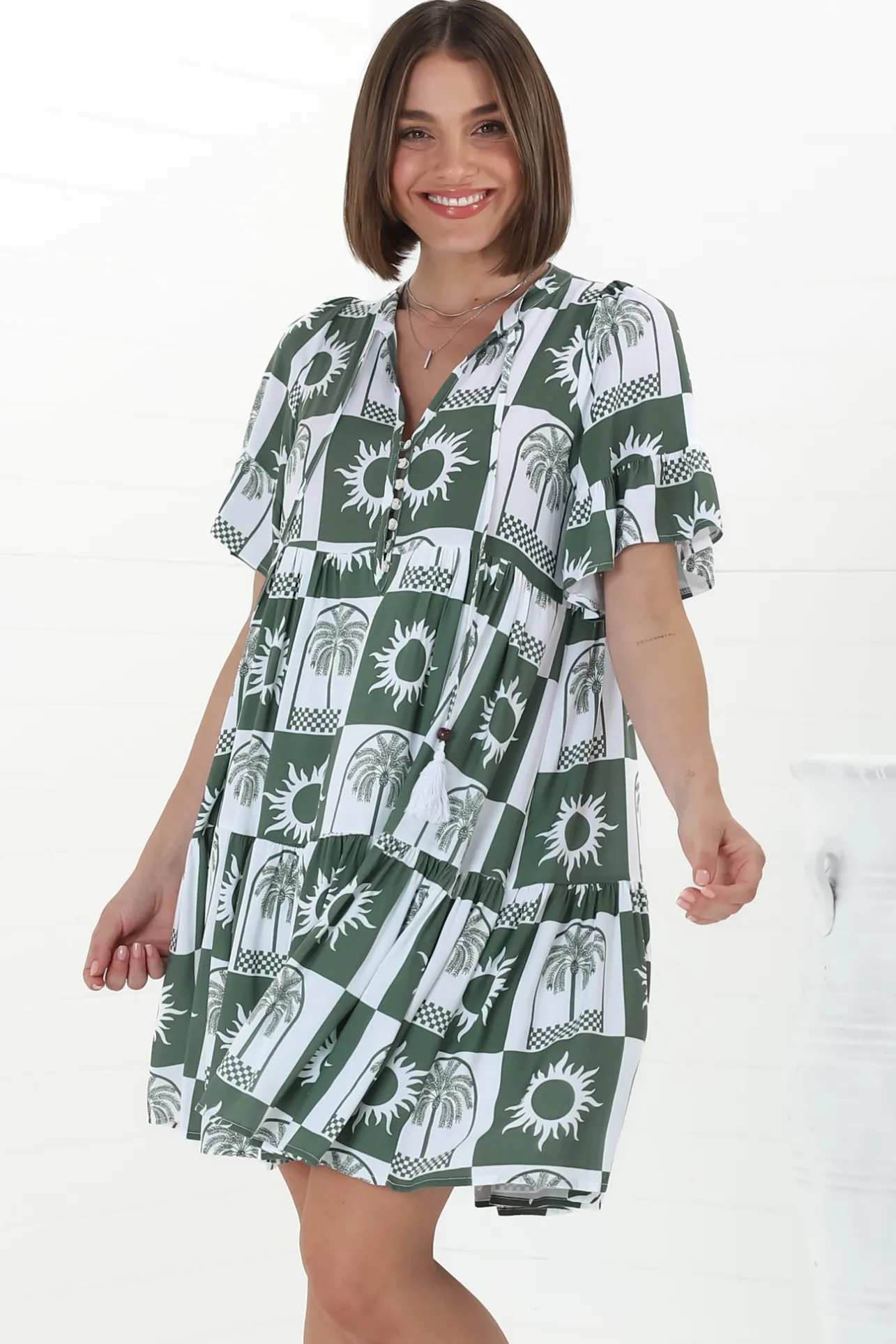 Abilia Mini Dress - Mandarin Collar Buttoned Bodice Smock Dress in Layah Print Green>Salty Crush Online