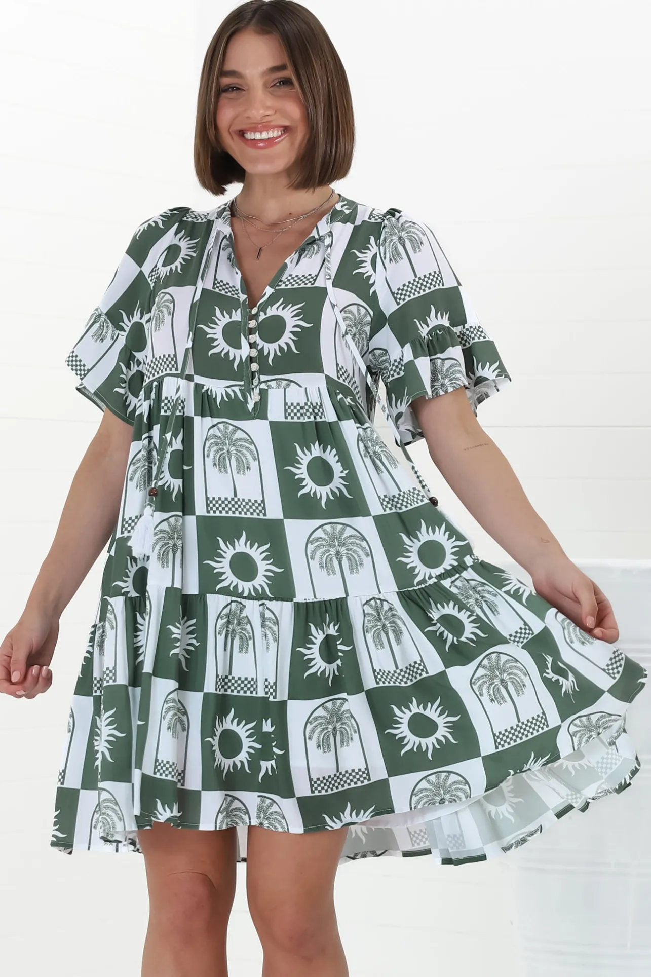 Abilia Mini Dress - Mandarin Collar Buttoned Bodice Smock Dress in Layah Print Green>Salty Crush Online