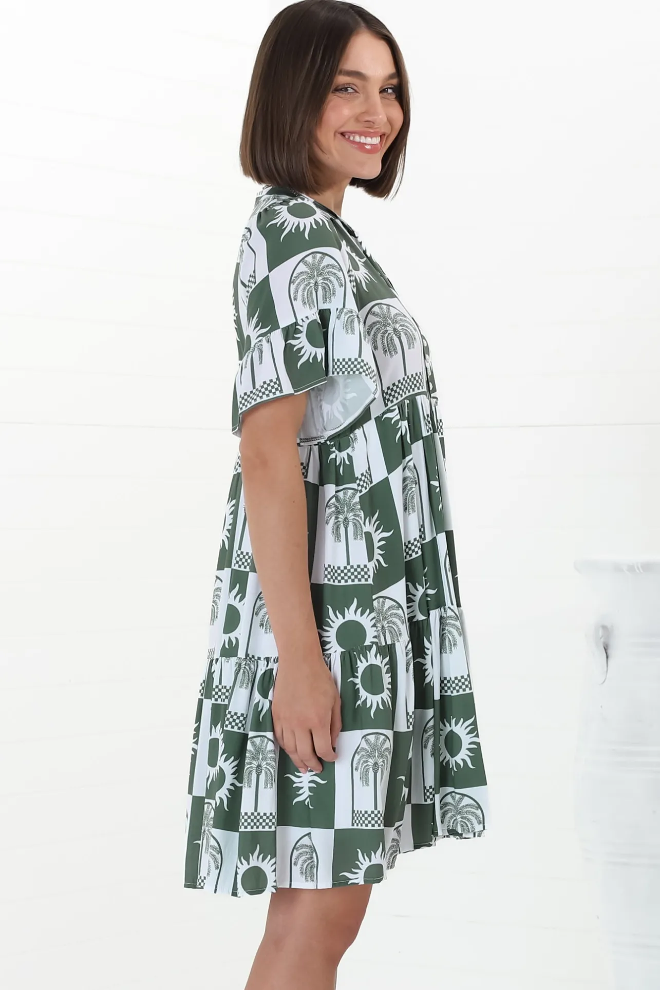 Abilia Mini Dress - Mandarin Collar Buttoned Bodice Smock Dress in Layah Print Green>Salty Crush Online