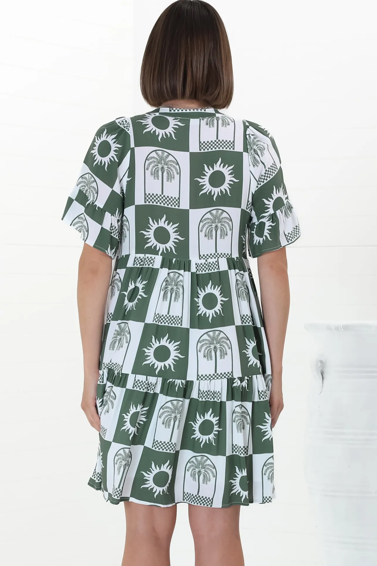 Abilia Mini Dress - Mandarin Collar Buttoned Bodice Smock Dress in Layah Print Green>Salty Crush Online