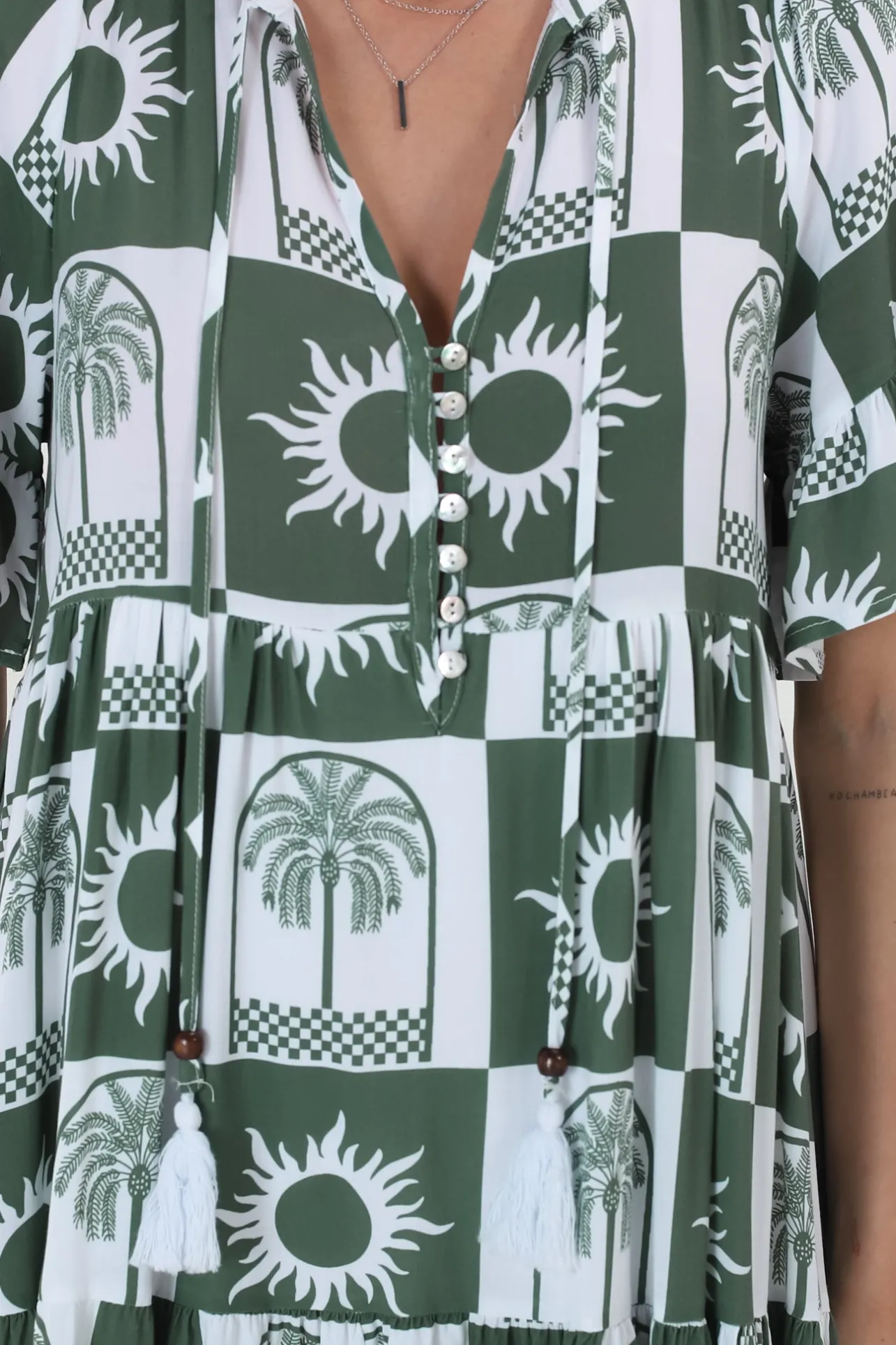 Abilia Mini Dress - Mandarin Collar Buttoned Bodice Smock Dress in Layah Print Green>Salty Crush Online
