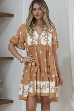 Abilia Mini Dress - Mandarin Collar Smock Dress in Lucinda Print Tan>Salty Crush New