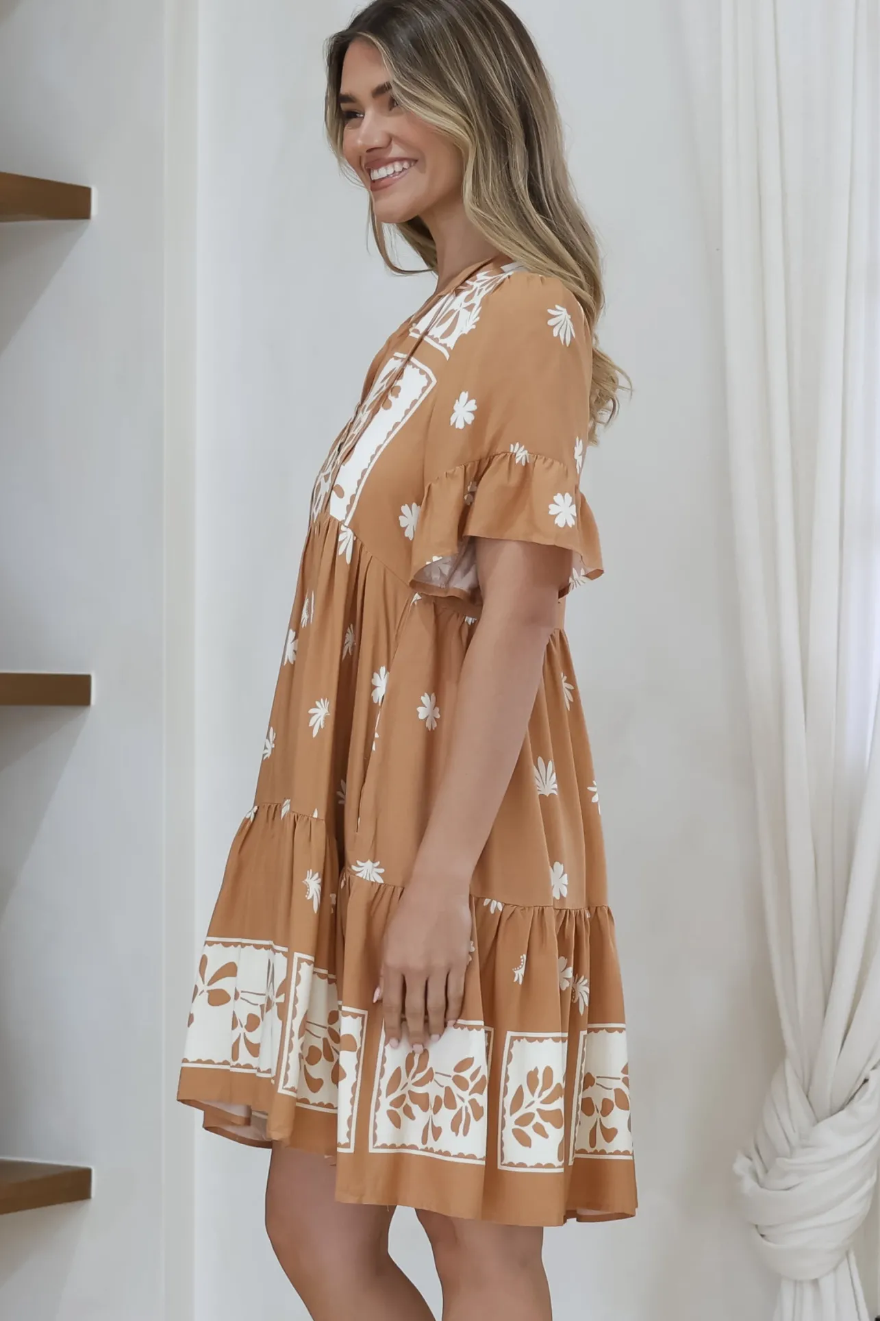 Abilia Mini Dress - Mandarin Collar Smock Dress in Lucinda Print Tan>Salty Crush New
