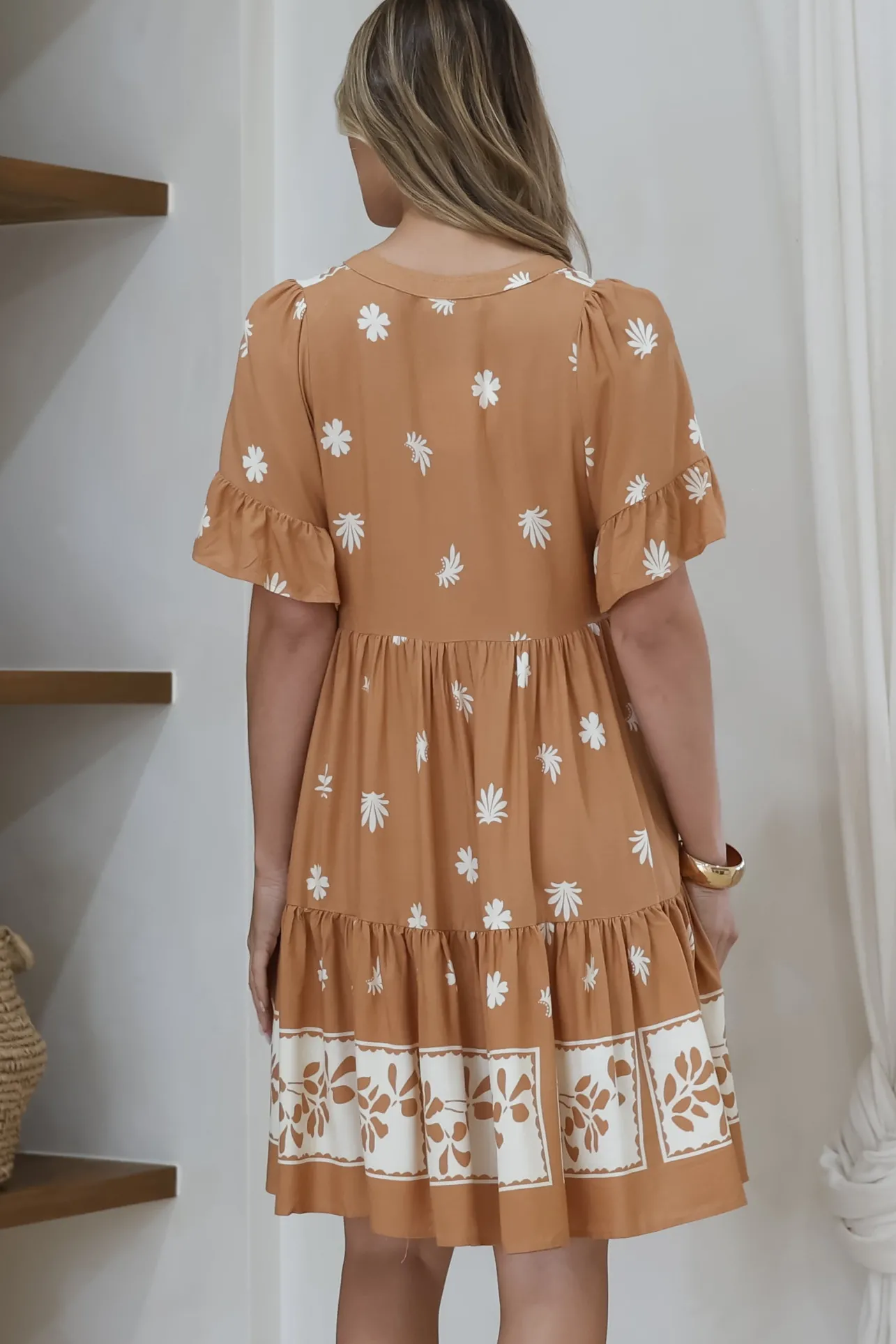 Abilia Mini Dress - Mandarin Collar Smock Dress in Lucinda Print Tan>Salty Crush New