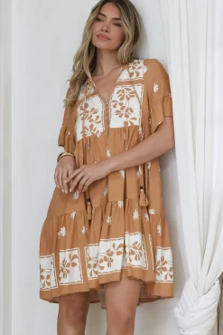 Abilia Mini Dress - Mandarin Collar Smock Dress in Lucinda Print Tan><noscript><img width=