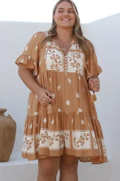 Abilia Mini Dress - Mandarin Collar Smock Dress in Lucinda Print Tan><noscript><img width=