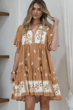 Abilia Mini Dress - Mandarin Collar Smock Dress in Lucinda Print Tan><noscript><img width=