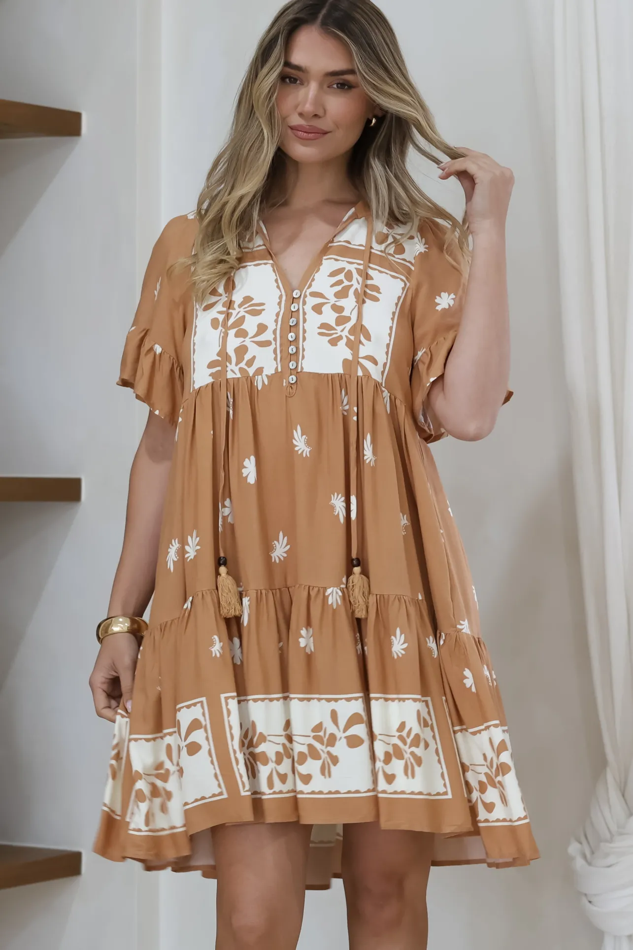 Abilia Mini Dress - Mandarin Collar Smock Dress in Lucinda Print Tan>Salty Crush New