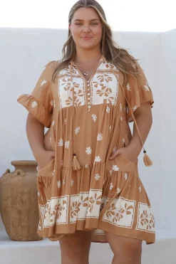 Abilia Mini Dress - Mandarin Collar Smock Dress in Lucinda Print Tan><noscript><img width=