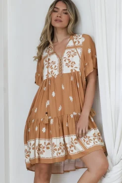 Abilia Mini Dress - Mandarin Collar Smock Dress in Lucinda Print Tan><noscript><img width=