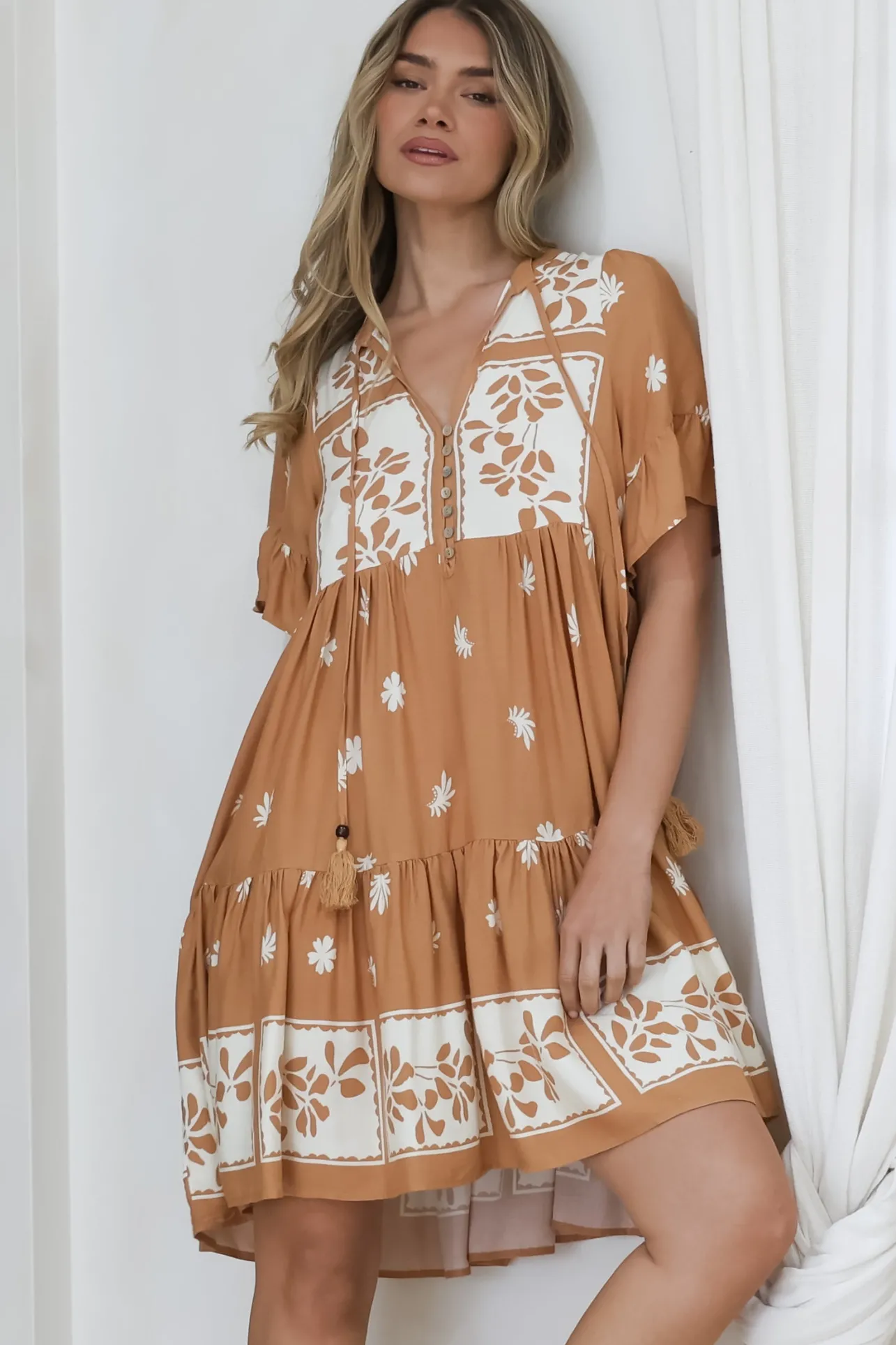 Abilia Mini Dress - Mandarin Collar Smock Dress in Lucinda Print Tan>Salty Crush New