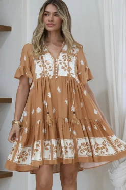 Abilia Mini Dress - Mandarin Collar Smock Dress in Lucinda Print Tan><noscript><img width=