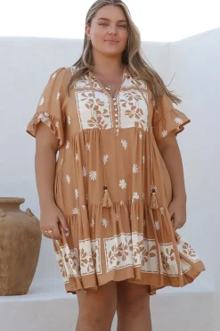 Abilia Mini Dress - Mandarin Collar Smock Dress in Lucinda Print Tan><noscript><img width=