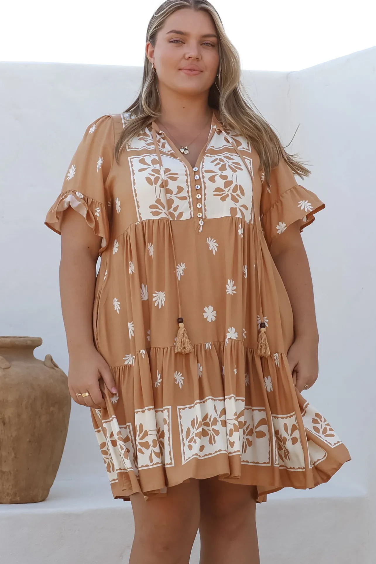Abilia Mini Dress - Mandarin Collar Smock Dress in Lucinda Print Tan>Salty Crush New