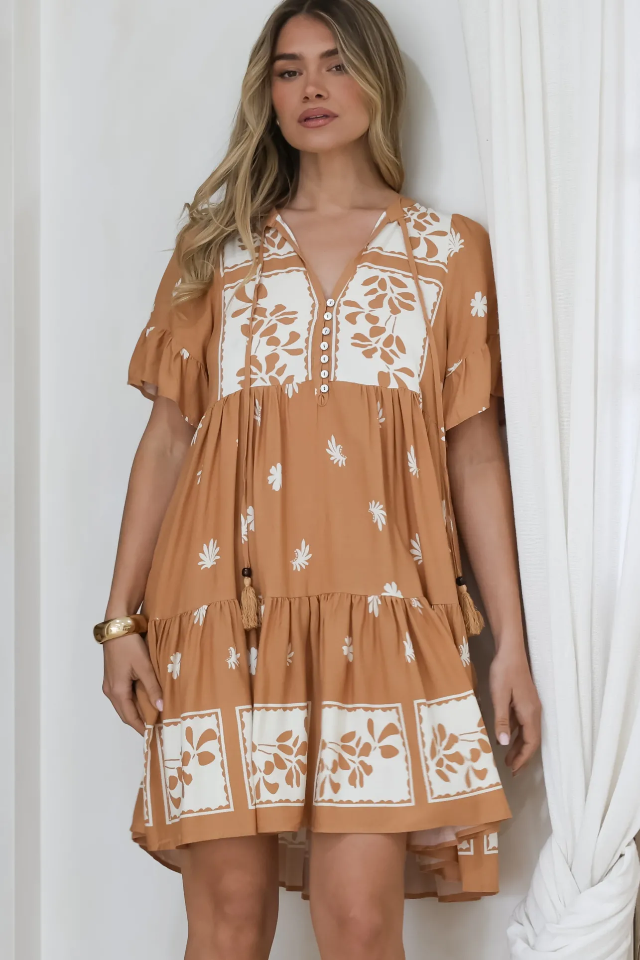 Abilia Mini Dress - Mandarin Collar Smock Dress in Lucinda Print Tan>Salty Crush New